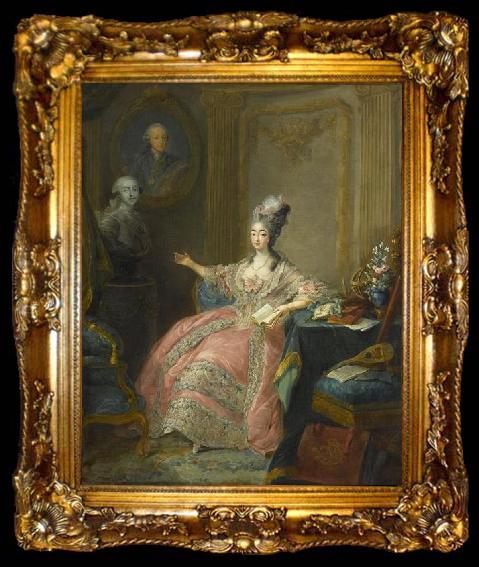 framed  unknow artist Portrait of Marie Josephine of Savoy Countess of Provence pointing to a bust of her husband overlooked by a portrait of her father, ta009-2